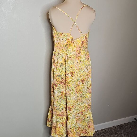 BCBG Yellow Orange Floral Milkmaid Ruched Midi Sundress Large - Picture 4 of 9